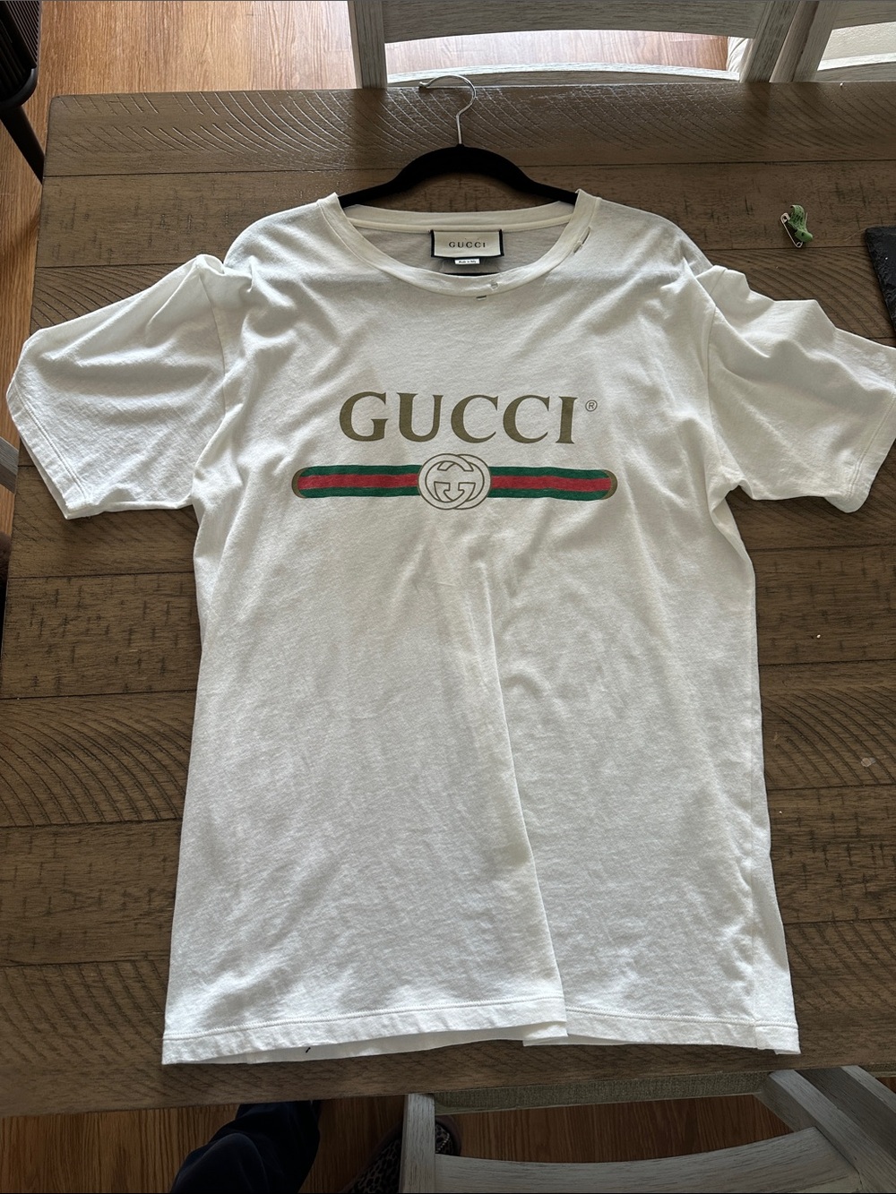 Authentic Gucci White Tee with Green & Red Stripe and Gold Logo